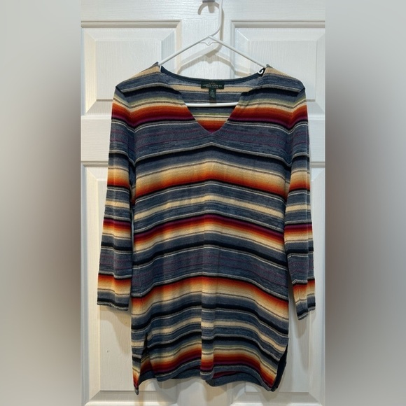 Lauren Ralph Lauren Linen Cotton Blend Boho Striped Top Sz M V Neck Mature - Picture 1 of 10